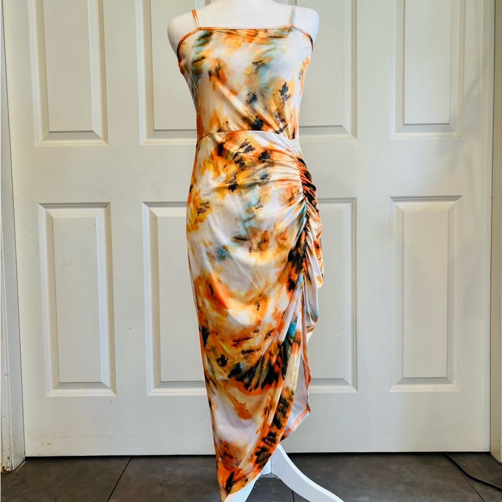 Orange Gold Hies Silky Ruched Slip Dress Asymmetrical